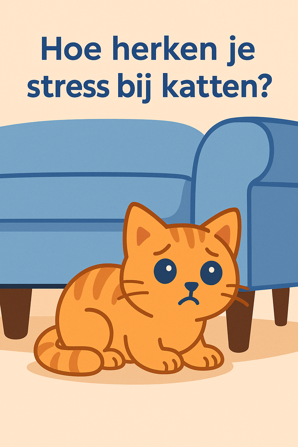 Stress bij katten illustratie – PurrPaws.nl Angstige cartoonkat onder een bank – stresssignalen herkennen