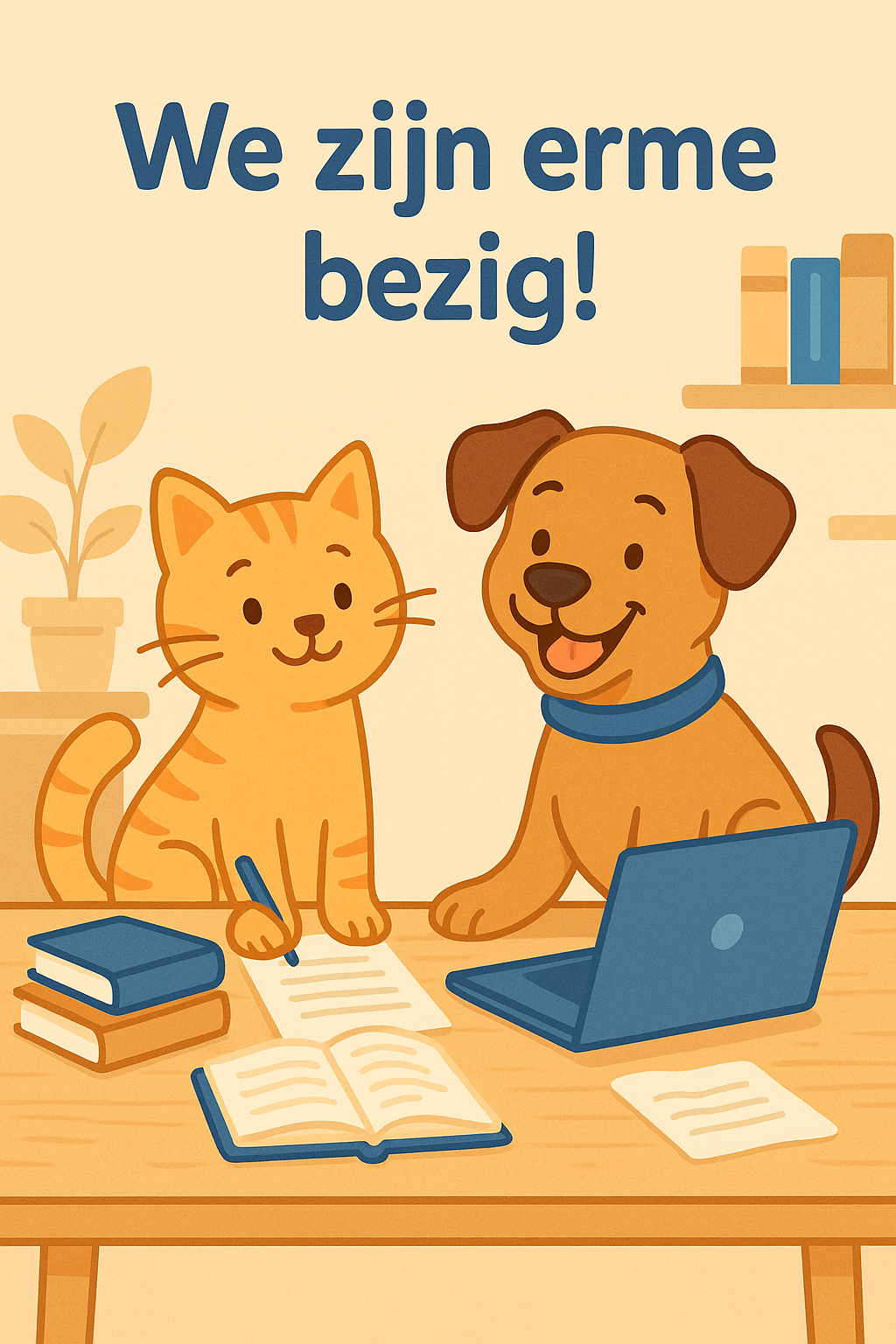 Cartoon hond en kat die samen onderzoek doen – blog komt eraan